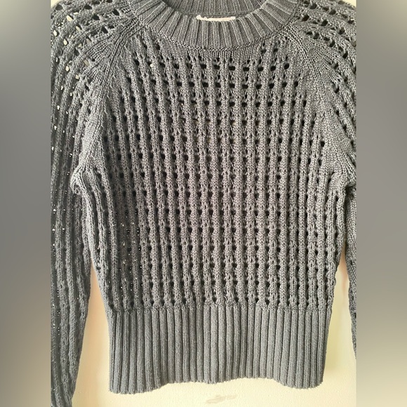 J. Crew Black Open Knit Sweater Pointelle Crochet Crewneck Pullover Top XXS - Picture 4 of 8